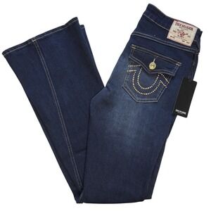 NWT True Religion Women's Jeans Rhinestone Joey Flap Flare Size 28 Y2K Dark Wash